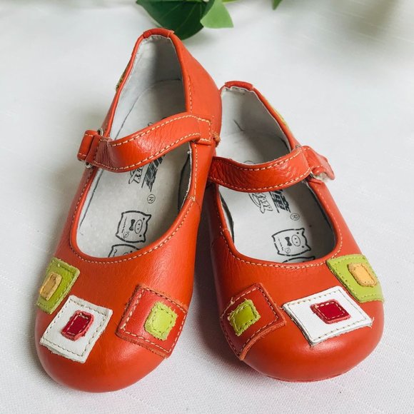 Other - Mary Jane Flats Colorful Orange Shoe Velcro Strap Round Toe Patches